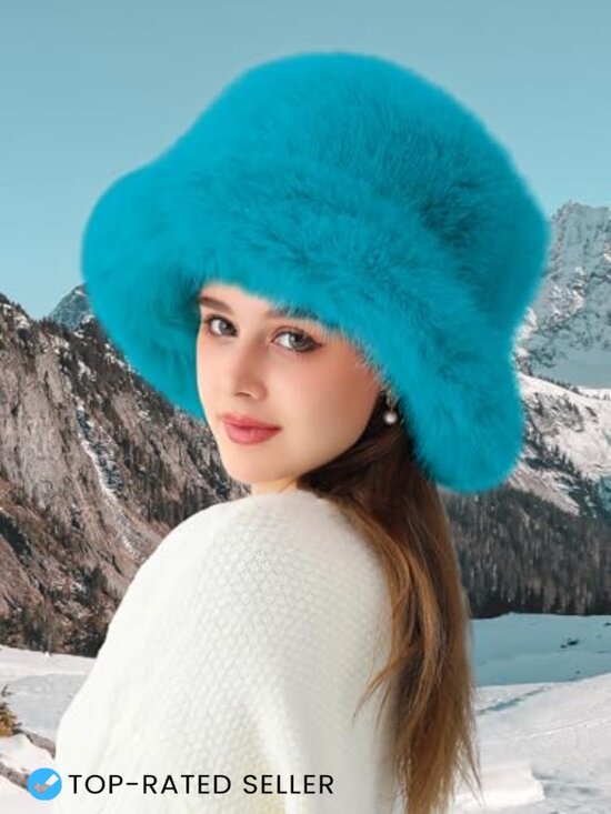 Faux Fur Bucket Hat Winter Warm Fisherman Cap Adjustable Drawstring main image 7